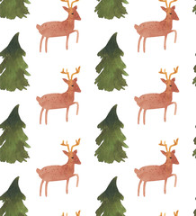 Christmas Watercolor beautiful seamless pattern with Santa, deer, ribbons, bells and tree. Happy New Year decor. Holidays decorative prints for textile, paper, cards etc