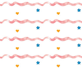 Watercolor beautiful seamless pattern with stars and pink ribbons. Holidays decorative prints for textile, paper, cards etc