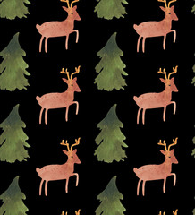 Christmas Watercolor beautiful seamless pattern with Santa, deer, ribbons, bells and tree. Happy New Year decor. Holidays decorative prints for textile, paper, cards etc