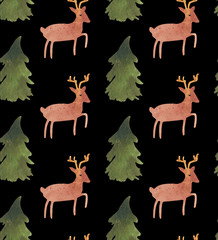 Christmas Watercolor beautiful seamless pattern with Santa, deer, ribbons, bells and tree. Happy New Year decor. Holidays decorative prints for textile, paper, cards etc