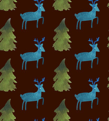 Christmas Watercolor beautiful seamless pattern with Santa, deer, ribbons, bells and tree. Happy New Year decor. Holidays decorative prints for textile, paper, cards etc