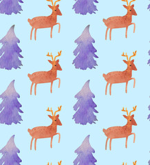 Christmas Watercolor beautiful seamless pattern with Santa, deer, ribbons, bells and tree. Happy New Year decor. Holidays decorative prints for textile, paper, cards etc