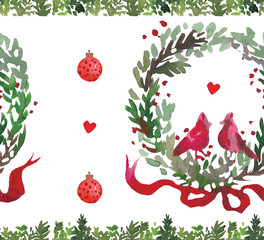 Christmas Watercolor beautiful seamless pattern with wreath, birds, ribbons and balls. Happy New Year decor. Holidays decorative prints for textile, paper, cards etc