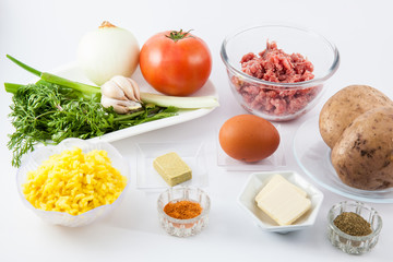 Preparation steps of traditional Colombian dish called stuffed potatoes: Ingredients to prepare Colombian stuffed potatoes