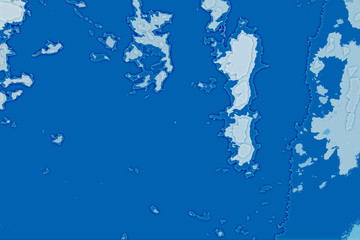 White and blue  background texture. Abstract map with north shoreline, sea, ocean, ice, mountains, clouds. View from height of the bird's flight. The surface of fantasy planet.