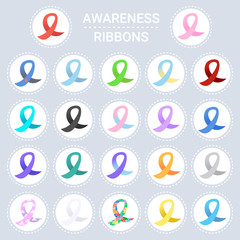 set world AIDS day awareness different colors ribbon sign collection 1 december medical prevention poster flat vector illustration