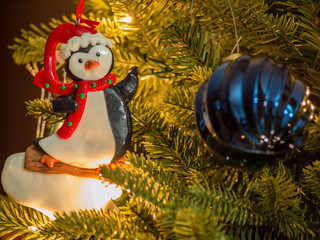 Closeup of various Christmas decorations, santa, rudolph, holiday, macro, christmas village, christmas figurines.