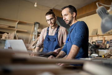 Low angle portrait of two modern artisans using laptop in workshop while working with wood...