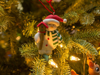 Closeup of various Christmas decorations, santa, rudolph, holiday, macro, christmas village,...