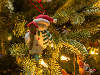 Closeup of various Christmas decorations, santa, rudolph, holiday, macro, christmas village,...