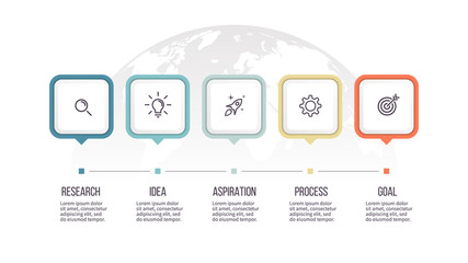 Business infographics. Timeline with 5 steps, options, squares. Vector template.