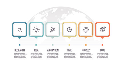 Business infographics. Timeline with 6 steps, options, squares. Vector template.