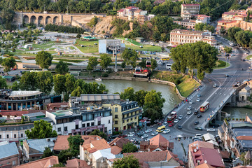 Georgia, Tbilisi - July, 4, 2018. Kura river, funicular and Old Town of Tbilisi. Georgia © kuzenkova