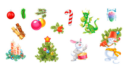 Christmas and New Year decoration set with pine tree, balls, toys, snowman and candles. Festive vector elements for design or greeting cards.