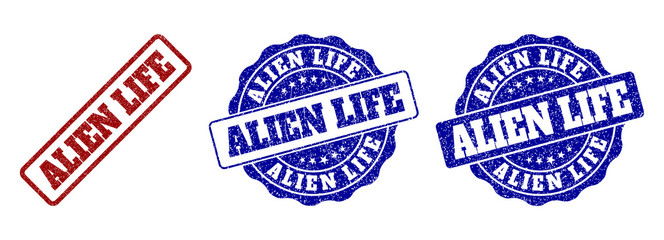 ALIEN LIFE grunge stamp seals in red and blue colors. Vector ALIEN LIFE marks with grunge surface. Graphic elements are rounded rectangles, rosettes, circles and text titles.