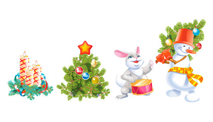 Christmas and New Year decoration set with pine tree, hare, snowman and candles. Festive vector elements for design or greeting cards.