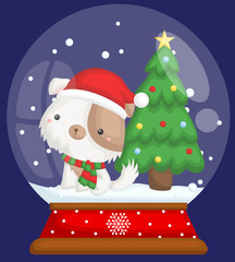 A vector of cute little puppy standing near christmas tree in a snow globe
