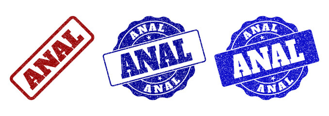 ANAL grunge stamp seals in red and blue colors. Vector ANAL signs with grunge surface. Graphic elements are rounded rectangles, rosettes, circles and text titles. Designed for rubber stamp imitations.