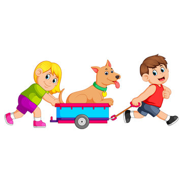 Girl and Boy pulling wagon with dog