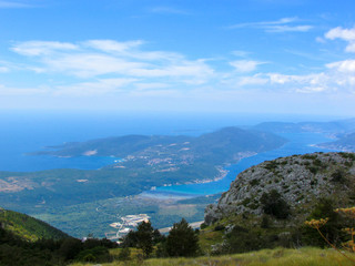 Aerial view to the Bay of Kotor from Lovcen national park under cloudly sky, Montenegro