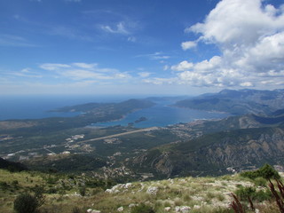 Fototapeta premium Aerial view to the Bay of Kotor from Lovcen national park under cloudly sky, Montenegro