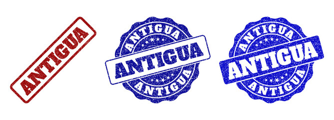 ANTIGUA scratched stamp seals in red and blue colors. Vector ANTIGUA labels with draft surface. Graphic elements are rounded rectangles, rosettes, circles and text labels.