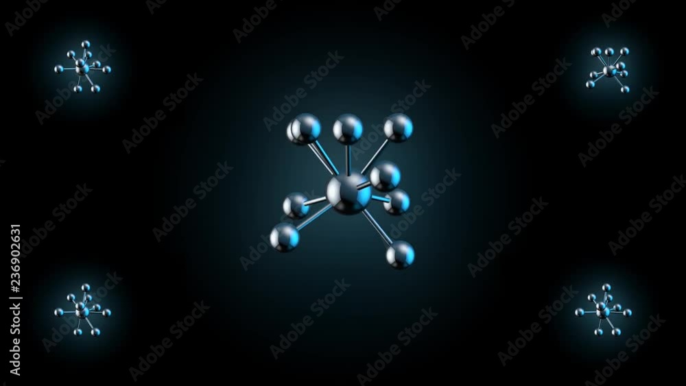 Poster abstract animation of monochrom model molecules rotation. animation of seamless loop metal molecules