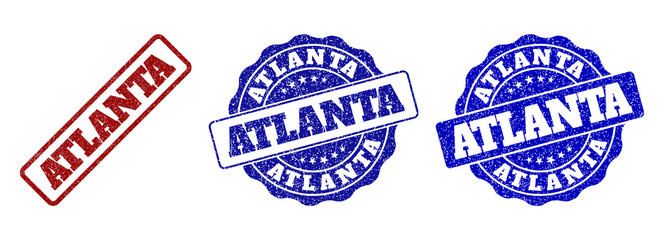 ATLANTA grunge stamp seals in red and blue colors. Vector ATLANTA marks with grunge effect. Graphic elements are rounded rectangles, rosettes, circles and text titles.