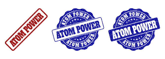 ATOM POWER grunge stamp seals in red and blue colors. Vector ATOM POWER labels with dirty effect. Graphic elements are rounded rectangles, rosettes, circles and text labels.