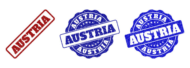 AUSTRIA grunge stamp seals in red and blue colors. Vector AUSTRIA labels with draft surface. Graphic elements are rounded rectangles, rosettes, circles and text labels.