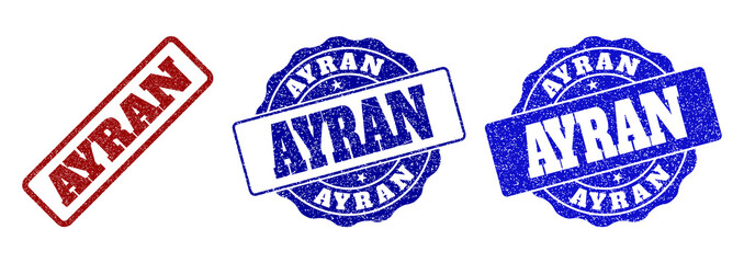 AYRAN scratched stamp seals in red and blue colors. Vector AYRAN overlays with grunge texture. Graphic elements are rounded rectangles, rosettes, circles and text captions.