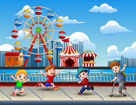 Cartoon of Children having fun on the lakeside with amusement park background