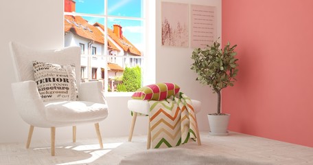 Idea of white room with armchair and summer landscape in window. Scandinavian interior design. 3D illustration
