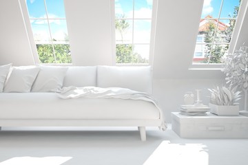 White room with sofa and green landscape in window. Scandinavian interior design. 3D illustration