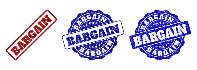 BARGAIN scratched stamp seals in red and blue colors. Vector BARGAIN imprints with scratced effect. Graphic elements are rounded rectangles, rosettes, circles and text titles.