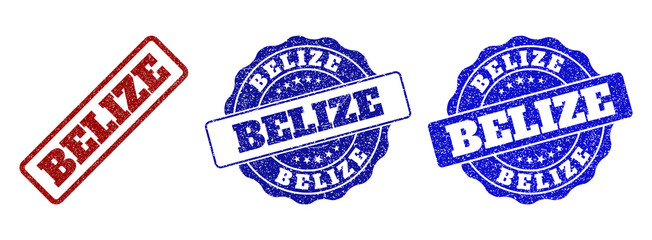 BELIZE scratched stamp seals in red and blue colors. Vector BELIZE marks with dirty surface. Graphic elements are rounded rectangles, rosettes, circles and text labels.