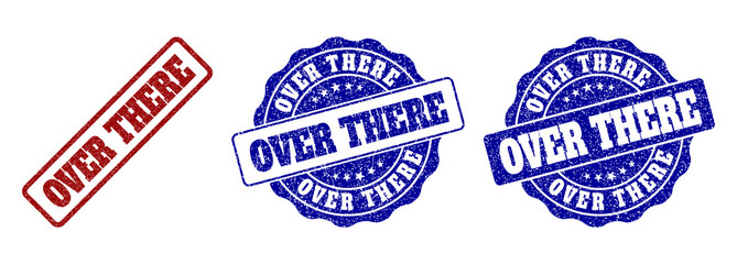 OVER THERE scratched stamp seals in red and blue colors. Vector OVER THERE signs with grunge effect. Graphic elements are rounded rectangles, rosettes, circles and text titles.