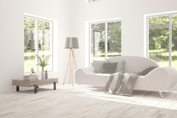White room with sofa and green landscape in window. Scandinavian interior design. 3D illustration