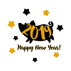 pig, black silhouette with a painted inscription inside 2019, with new year greetings and stars isolated image of a black-and-yellow colors. vector eps 10