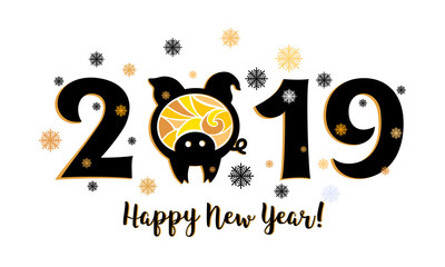 2019 with the yellow pig on the spot of 0, happy new year and snowflakes isolated image of a black-and-yellow flowers. vector eps 10