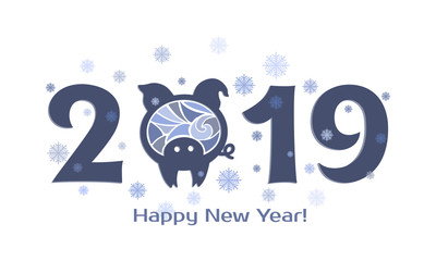 2019 with pig in place 0, happy new year and snowflakes, isolated image in blue. vector eps 10