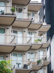 Fototapeta na wymiar Balconies on modern residential apartments building. Melbourne, VIC Australia.
