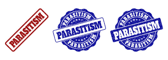 PARASITISM grunge stamp seals in red and blue colors. Vector PARASITISM signs with grunge texture. Graphic elements are rounded rectangles, rosettes, circles and text tags.