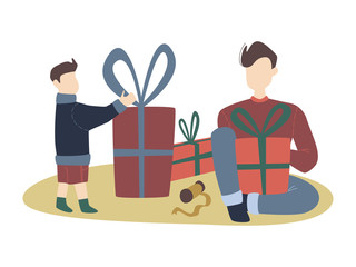 colorful vector flat cartoon christmas illustration with festive christmas decorations, family gathering - father and son, gifts, cozy indoor scene. vector cartoon xmas family scenery in flat design.
