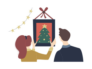 colorful vector flat cartoon christmas illustration with festive christmas decorations, family gathering - mom, dad, cozy indoor scene, hanging frames. vector cartoon xmas family scenery flat design.