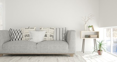 Idea of white minimalist room with sofa. Scandinavian interior design. 3D illustration