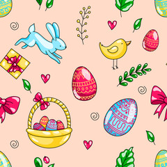 happy easter eggs cartoon doodle hand drawn seamless pattern with eggs rabbit and chick.