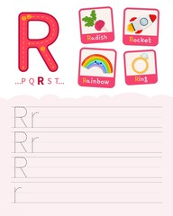 Handwriting practice sheet. Basic writing. Educational game for children. Learning the letters of the English alphabet. Cards with objects. Letter R.