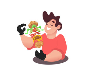 Man eating tasty burger. Guy with meal. What is the burger, hamburger recipe. Person takes pleasure in the smell of food, is going to eat. Isolated objects, vector illustration