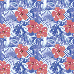 Tropical winter red hibiscus cold blue palm leaves seamless with snow